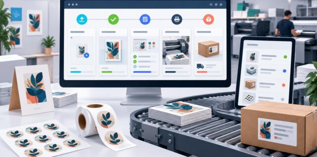 Desktop monitor and tablet show a colorful print-production workflow interface beside printed cards, sticker sheets, labels, a conveyor, and a shipping box in a print shop.