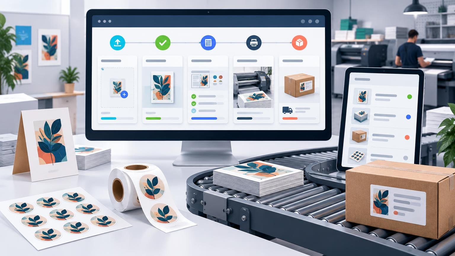 Desktop monitor and tablet show a colorful print-production workflow interface beside printed cards, sticker sheets, labels, a conveyor, and a shipping box in a print shop.