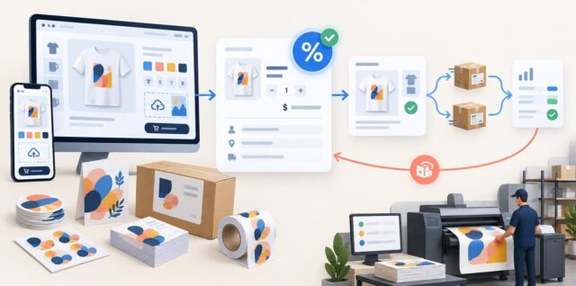 Illustrated web-to-print workflow with a desktop and mobile product customizer, upload and checkout panels, a tax percentage icon, packaged orders, printed stickers and cards, and a worker operating a large-format printer.