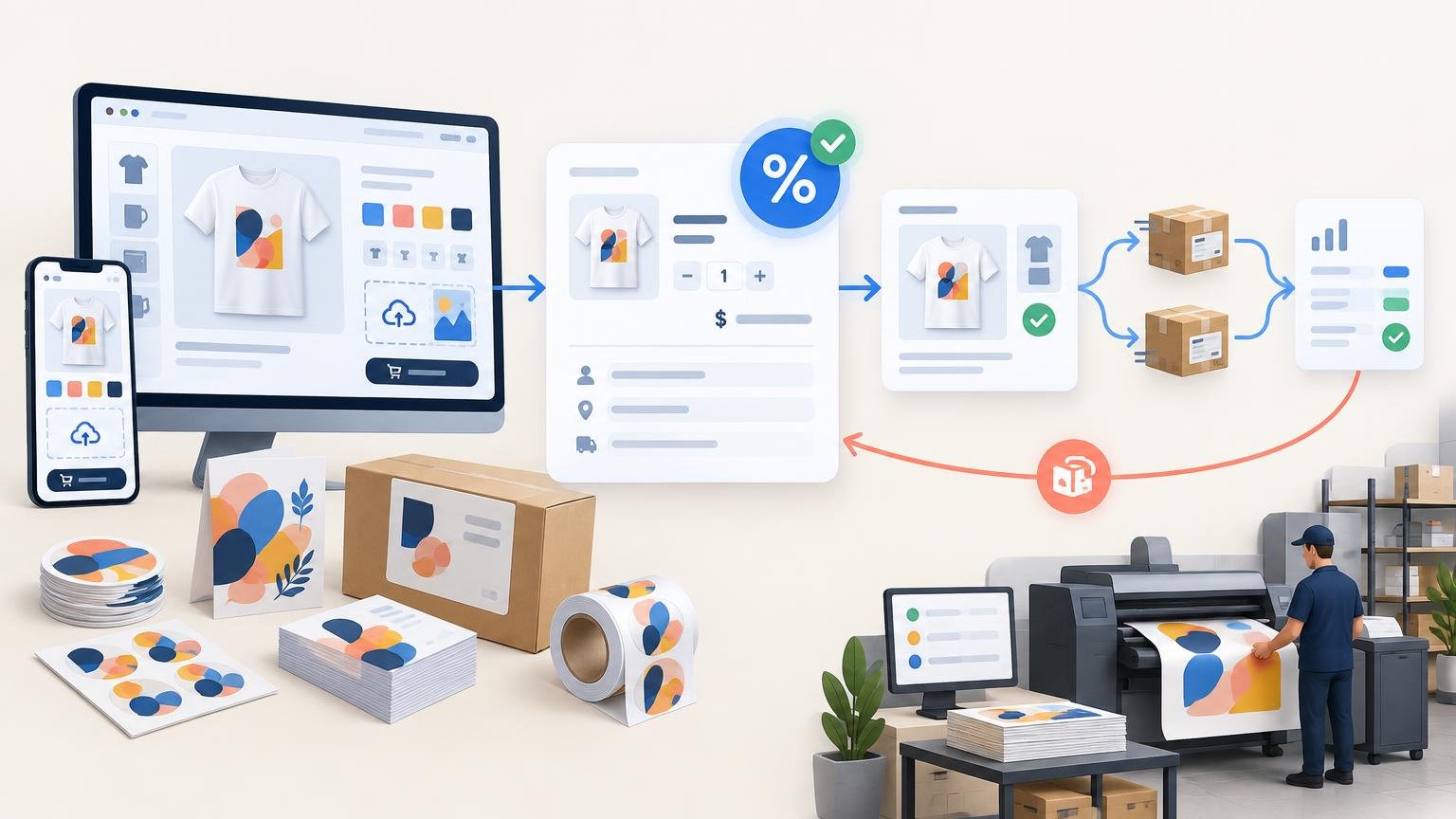 Illustrated web-to-print workflow with a desktop and mobile product customizer, upload and checkout panels, a tax percentage icon, packaged orders, printed stickers and cards, and a worker operating a large-format printer.