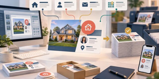 Editorial illustration of a personalized real-estate postcard workflow, with a desktop design screen, data icons connected to a house postcard proof, printed postcard stacks, and a mobile preview on a desk.