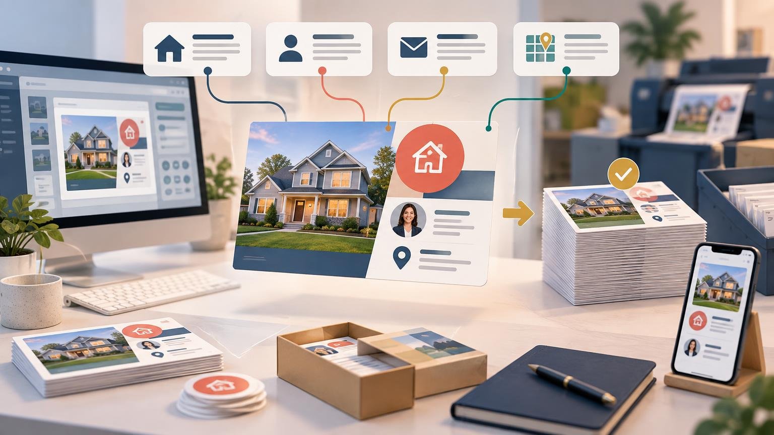 Editorial illustration of a personalized real-estate postcard workflow, with a desktop design screen, data icons connected to a house postcard proof, printed postcard stacks, and a mobile preview on a desk.