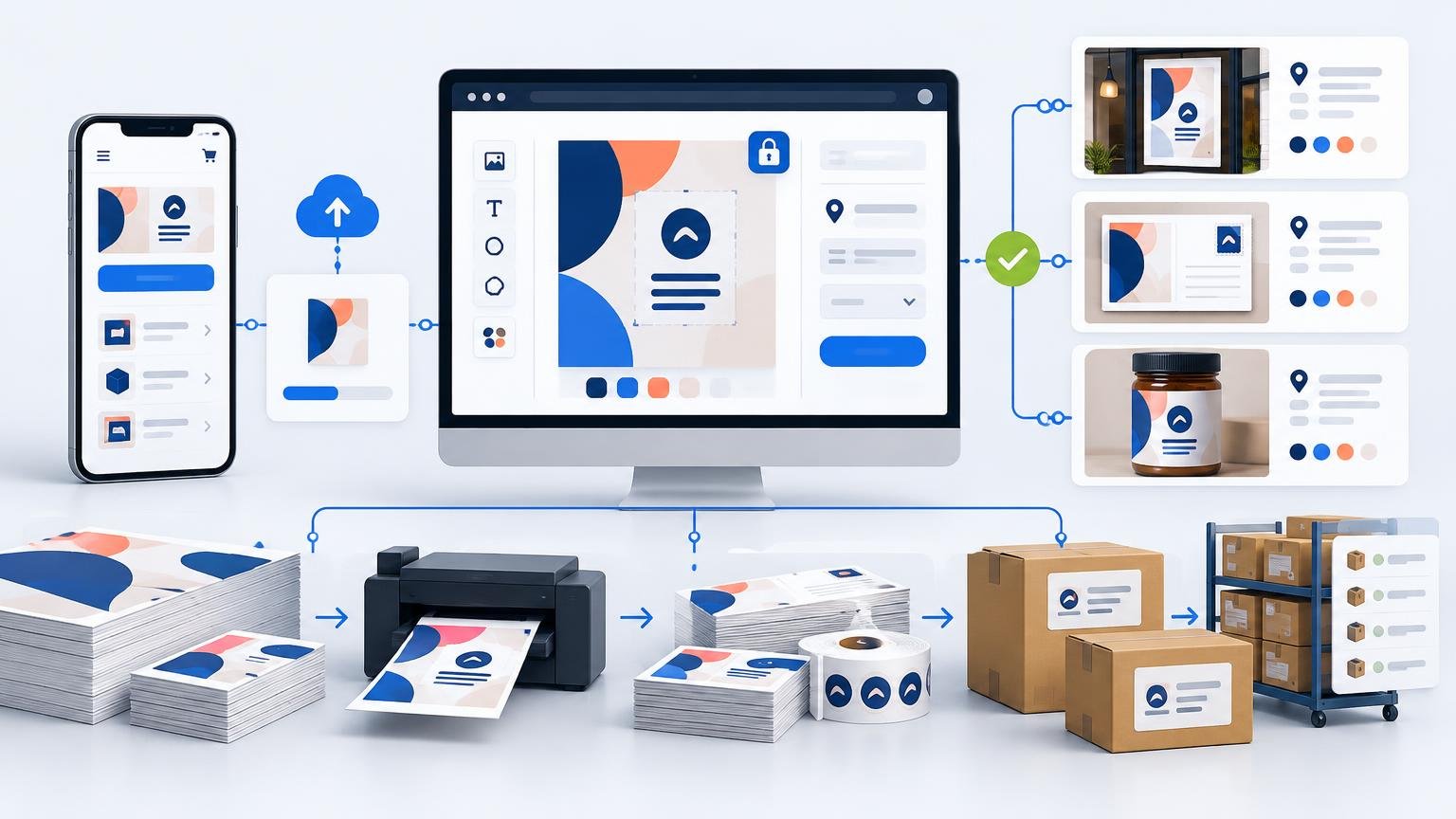 Illustration of a branded web-to-print workflow: mobile and desktop design interfaces connect artwork upload, approved product previews, printing, label rolls, packed boxes, and warehouse order routing.