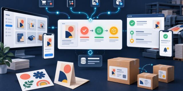 Editorial illustration of print-order workflow: desktop and mobile storefront screens, product previews, connected status icons, production equipment, printed samples, and labeled shipping boxes.