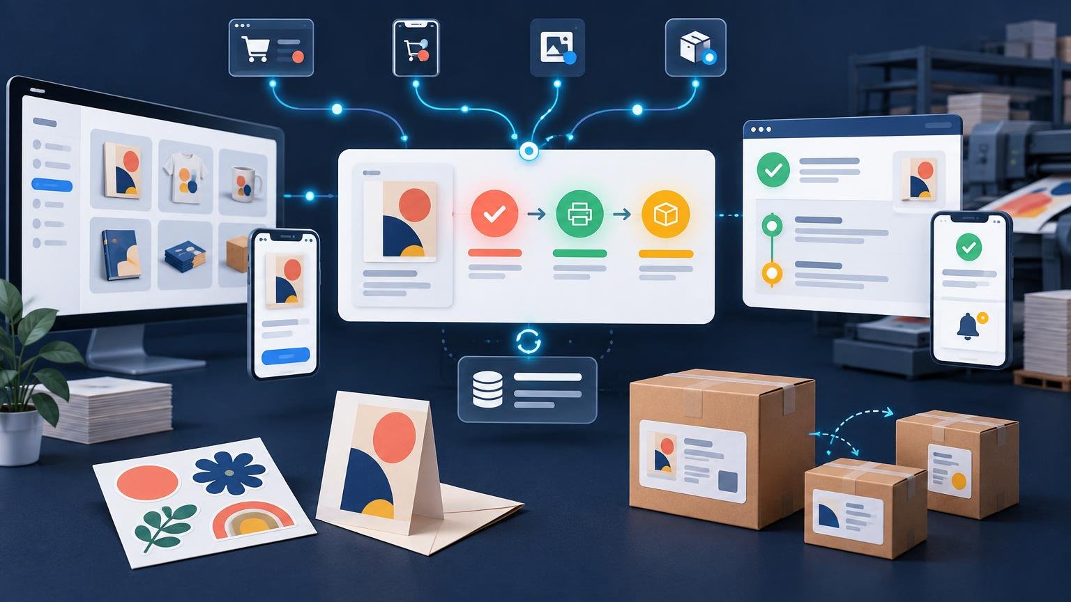 Editorial illustration of print-order workflow: desktop and mobile storefront screens, product previews, connected status icons, production equipment, printed samples, and labeled shipping boxes.
