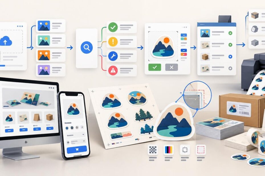 Editorial illustration of an online print-shop workflow, showing artwork upload and validation panels, approval and warning icons, product previews on desktop and mobile screens, sticker sheets, packaging, a label printer, and routed production cards.