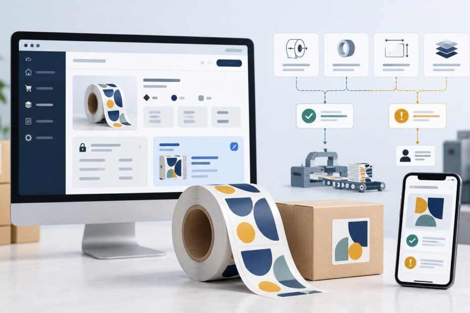 Editorial illustration of a web-to-print label workflow: a desktop storefront screen, mobile order interface, label roll, branded-looking cardboard boxes, small production machine, and an icon-based routing diagram with approval and alert symbols.