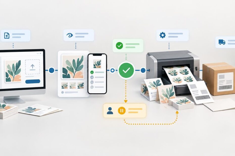 Illustration of an automated custom-print workflow: artwork upload on desktop and phone, proof approval, printed cards emerging from a printer, packed shipping box, and status icons connected by a progress line.