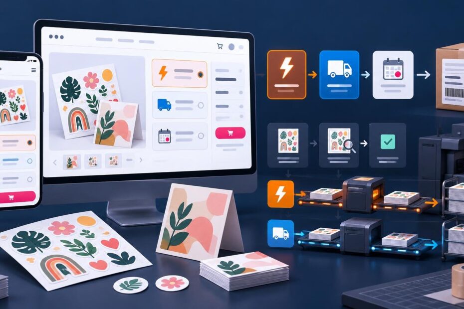 Illustration of a desktop and mobile print-ordering interface alongside floral stickers and cards, with icons showing rush production, shipping, scheduling, proof approval, printing, and boxed delivery.